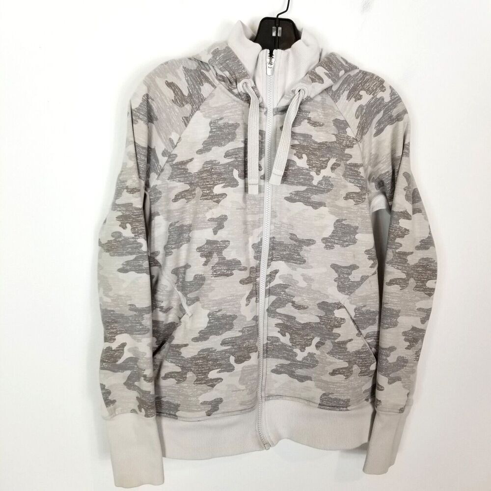 Athleta Women Triumph Printed Hoodie Jacket‎ Sz M Grey Gypsum Camo Zip Up